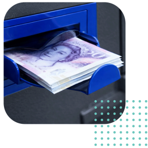 Close-up of a stack of British twenty-pound notes being held in the bright blue entry tray of an automated cash validator safe.